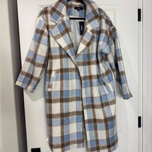Lulu's Blue and Brown Plaid Trench Coat
